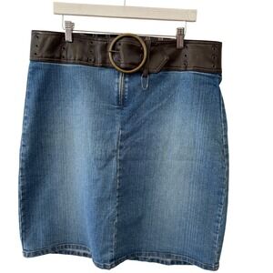 2000s Denim Skirt Brown Faux Leather Belt Buckle Detail XL grunge Y2K street